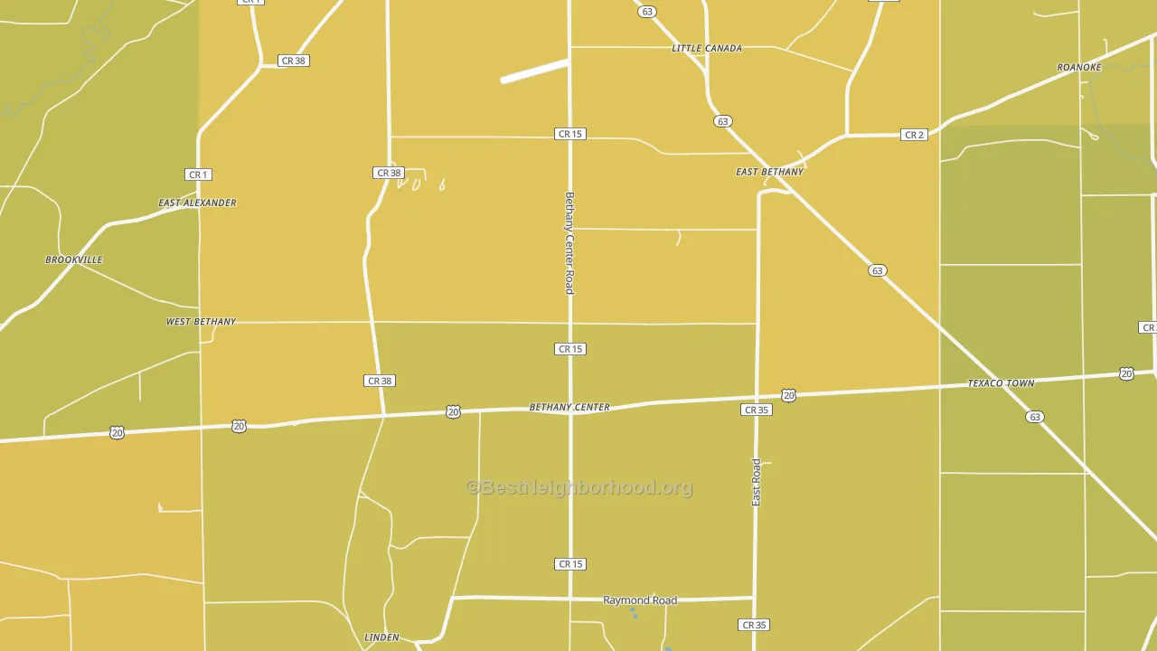 Map of the best neighborhoods in the East Bethany area, with better matches in green and worse matches in red
