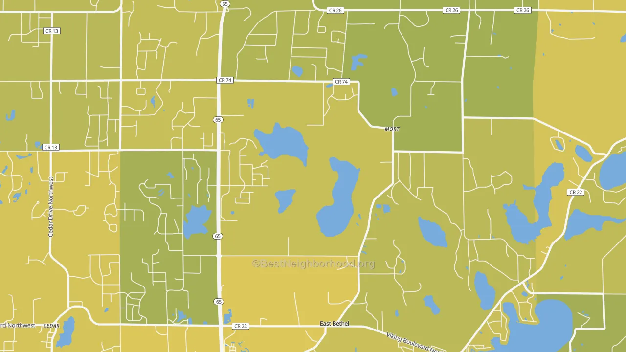 Map of the best neighborhoods in the East Bethel area, with better matches in green and worse matches in red