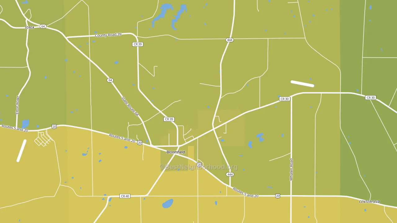 Map of the best neighborhoods in the East Bloomfield area, with better matches in green and worse matches in red