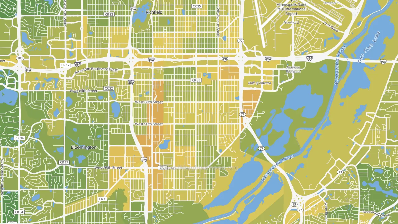 Map of the best neighborhoods in the East Bloomington, Bloomington area, with better matches in green and worse matches in red