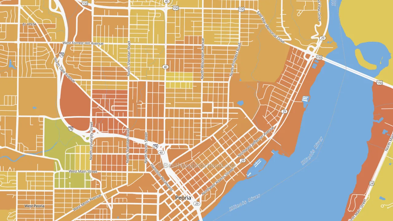 Map of the best neighborhoods in the East Bluff, Peoria area, with better matches in green and worse matches in red