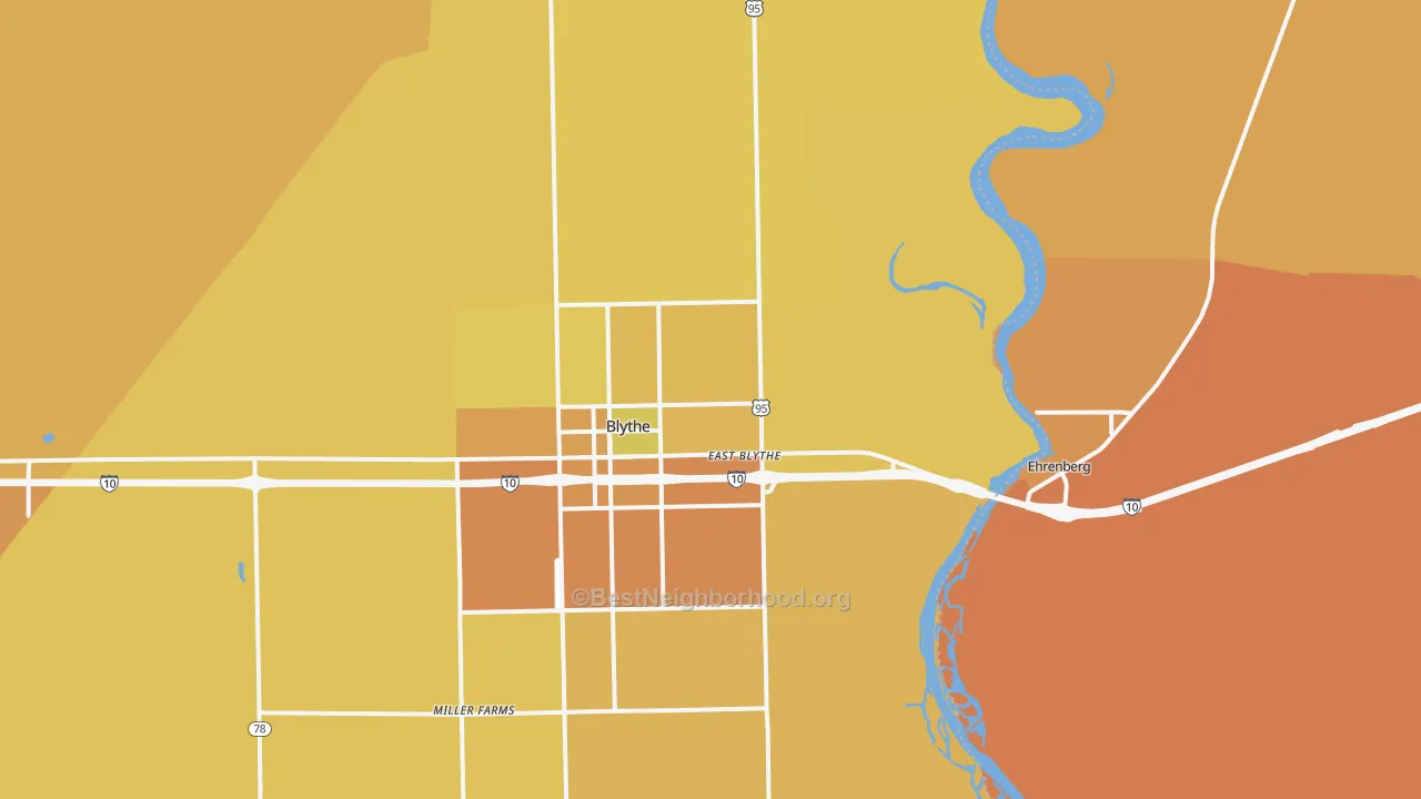 Map of the best neighborhoods in the East Blythe area, with better matches in green and worse matches in red