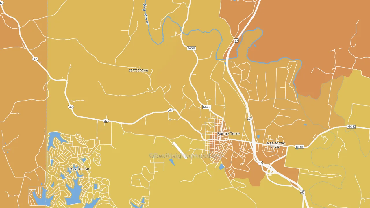 Map of the best neighborhoods in the East Bonne Terre area, with better matches in green and worse matches in red
