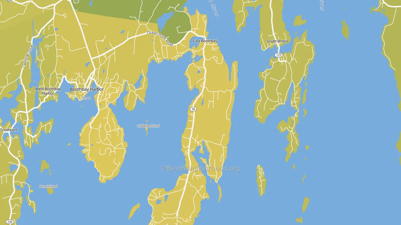 Map of the best neighborhoods in the East Boothbay area, with better matches in green and worse matches in red