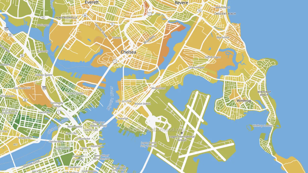 Map of the best neighborhoods in the East Boston, Boston area, with better matches in green and worse matches in red