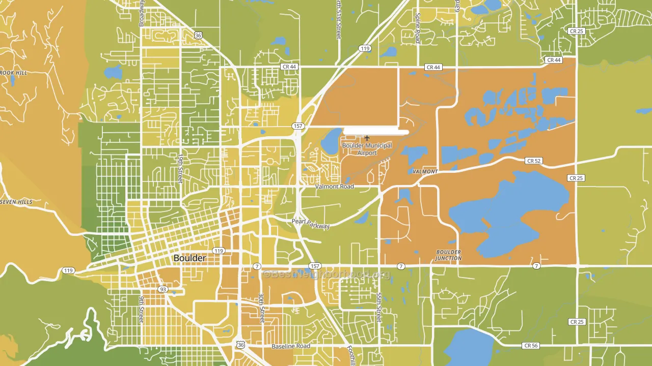 Map of the best neighborhoods in the East Boulder, Boulder area, with better matches in green and worse matches in red