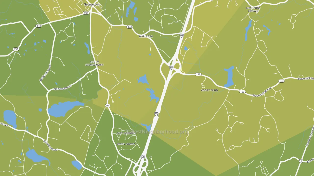 Map of the best neighborhoods in the East Boxford area, with better matches in green and worse matches in red
