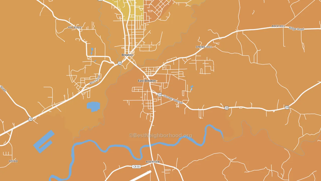 Map of the best neighborhoods in the East Brewton area, with better matches in green and worse matches in red
