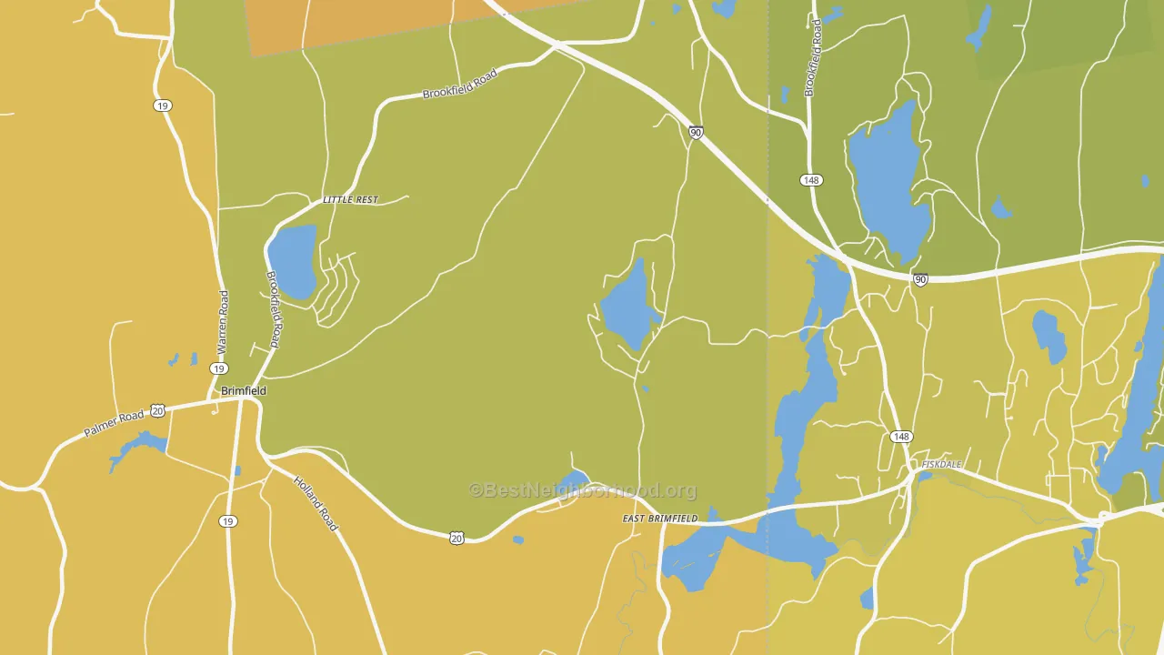 Map of the best neighborhoods in the East Brimfield area, with better matches in green and worse matches in red