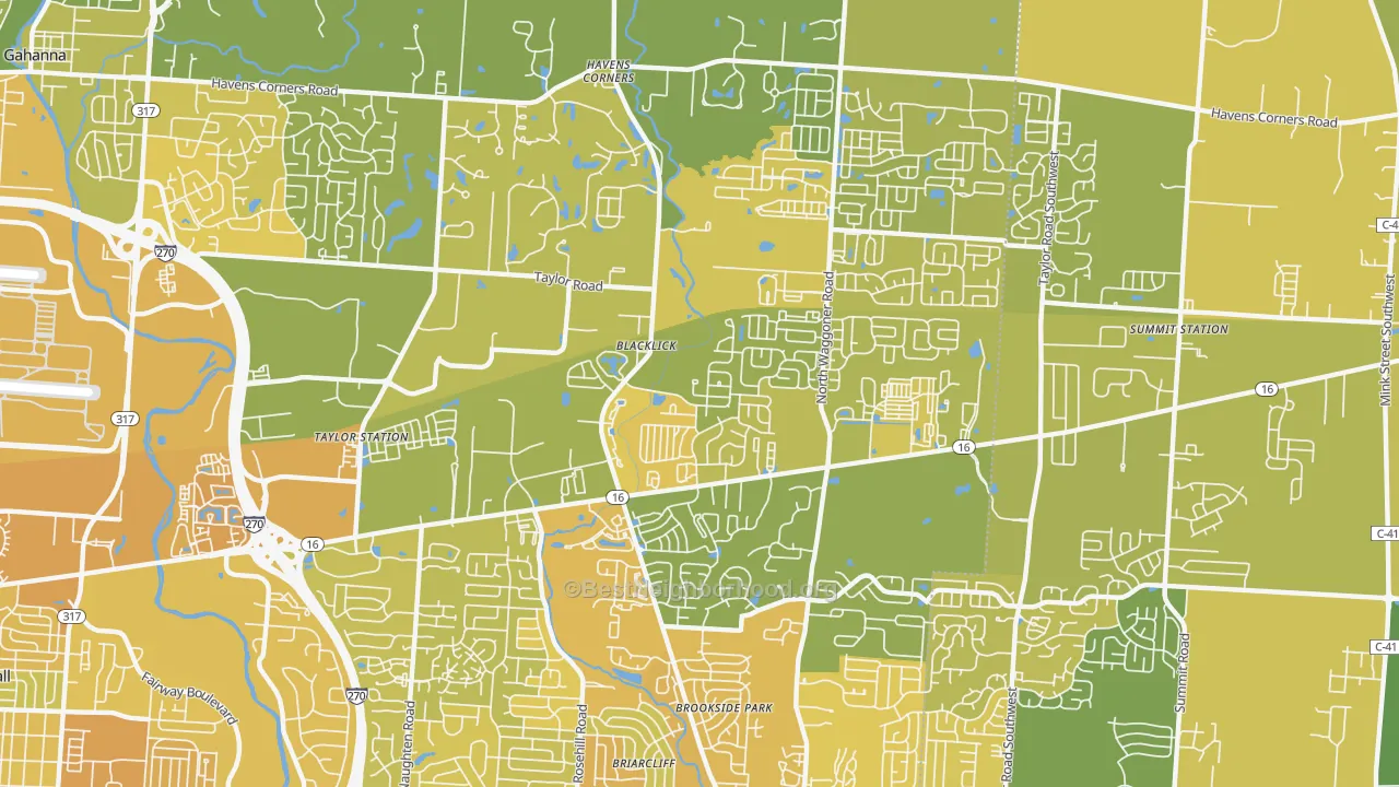 Map of the best neighborhoods in the East Broad, Black Lick area, with better matches in green and worse matches in red