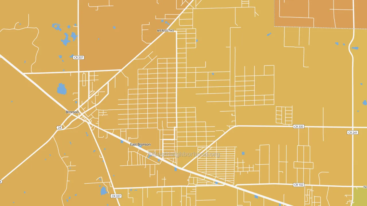Map of the best neighborhoods in the East Bronson area, with better matches in green and worse matches in red