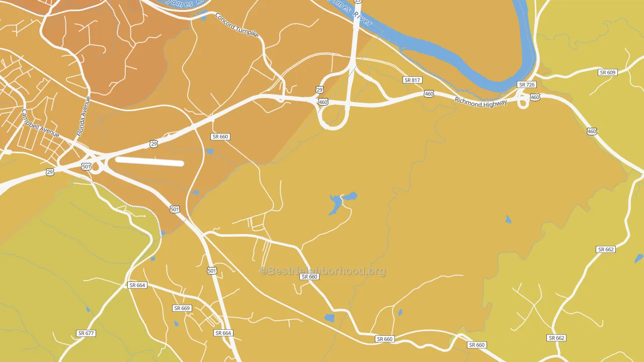 Map of the best neighborhoods in the East Brook area, with better matches in green and worse matches in red