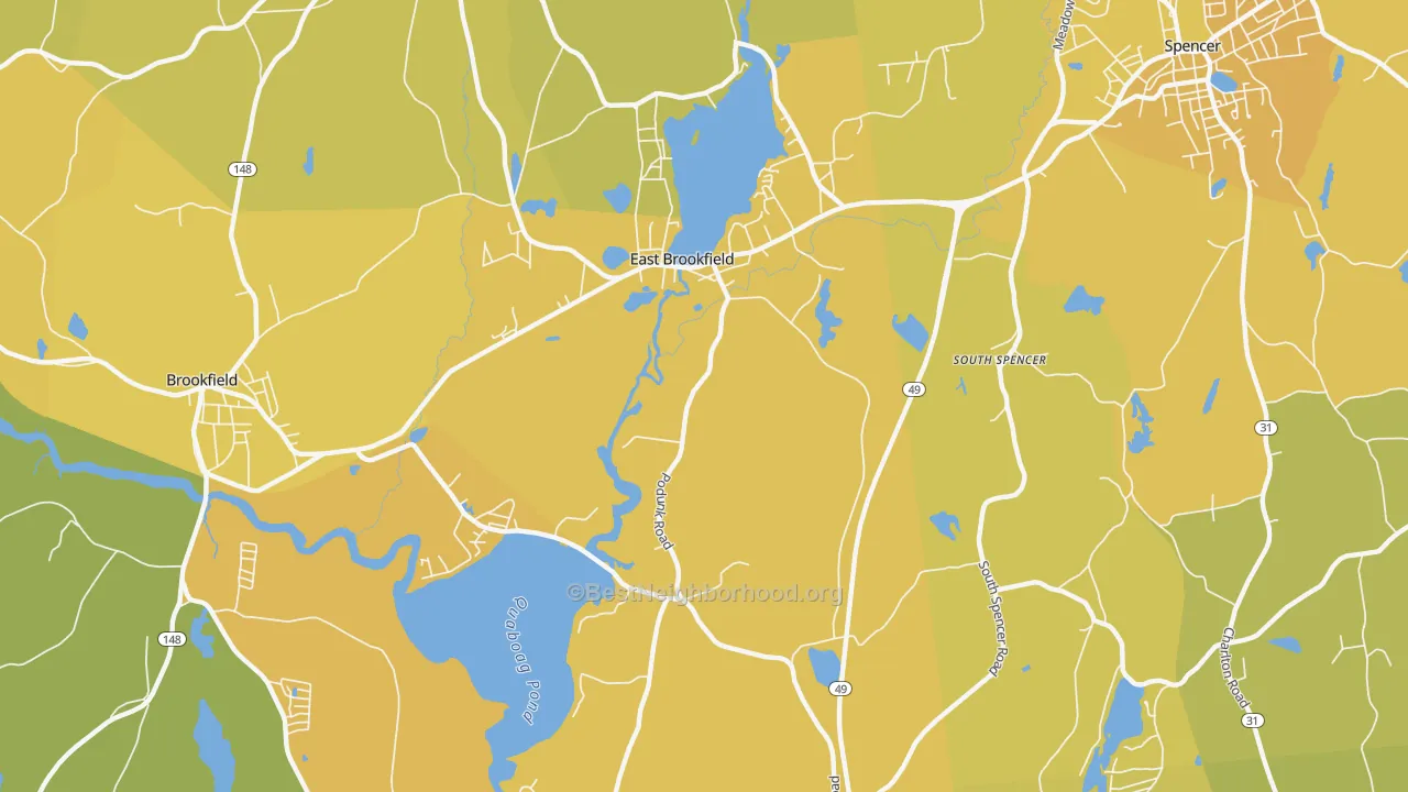 Map of the best neighborhoods in the East Brookfield area, with better matches in green and worse matches in red