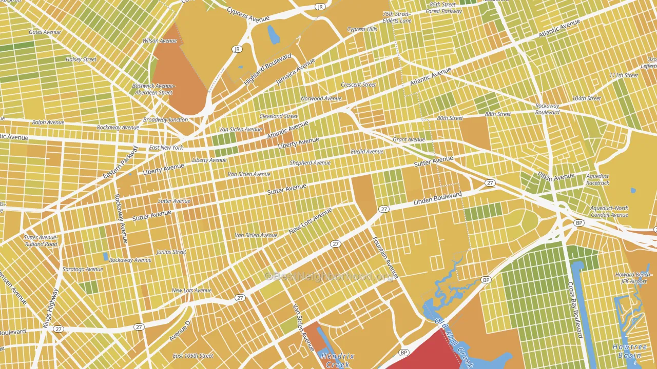 Map of the best neighborhoods in the East Brooklyn, Brooklyn area, with better matches in green and worse matches in red