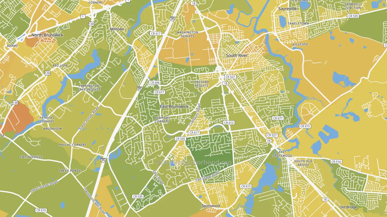 Map of the best neighborhoods in the East Brunswick area, with better matches in green and worse matches in red