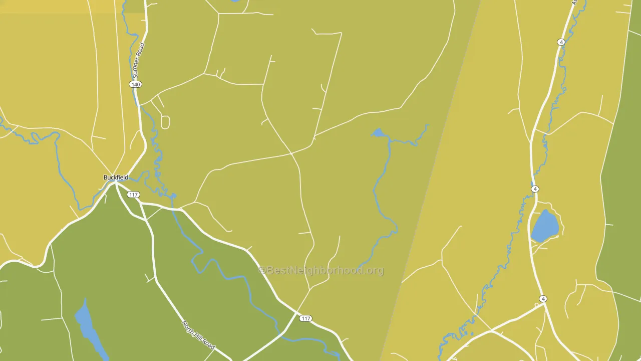 Map of the best neighborhoods in the East Buckfield area, with better matches in green and worse matches in red