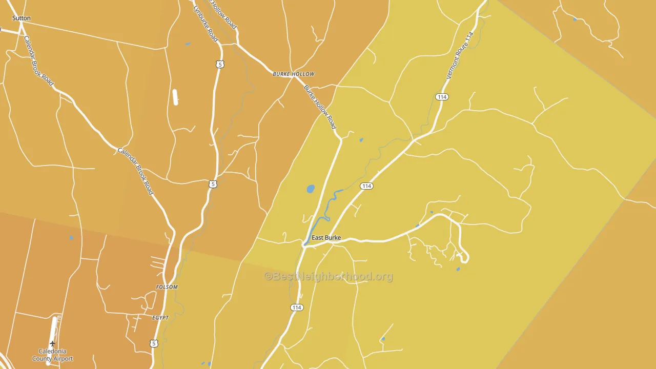Map of the best neighborhoods in the East Burke area, with better matches in green and worse matches in red