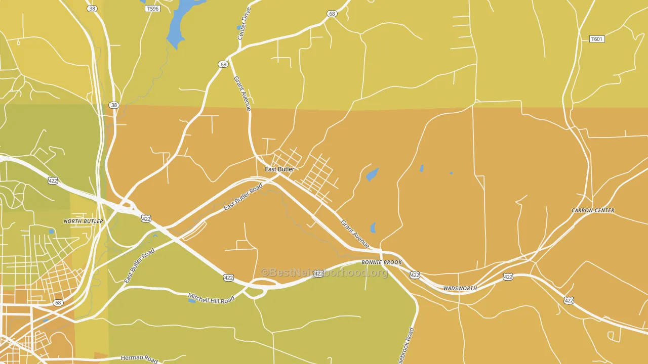 Map of the best neighborhoods in the East Butler area, with better matches in green and worse matches in red