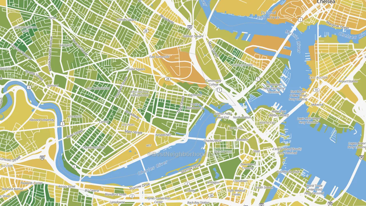 Map of the best neighborhoods in the East Cambridge, Cambridge area, with better matches in green and worse matches in red