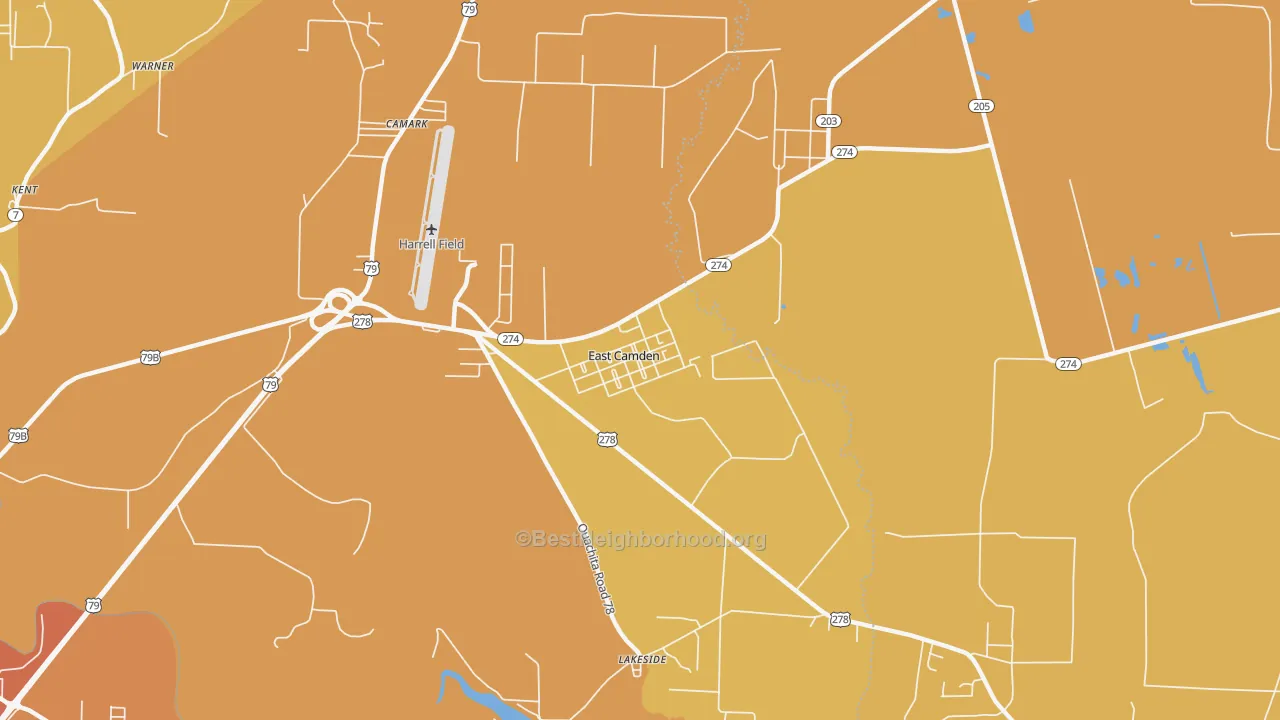 Map of the best neighborhoods in the East Camden area, with better matches in green and worse matches in red