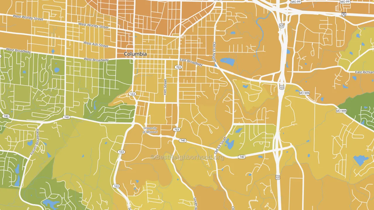 Map of the best neighborhoods in the East Campus, Columbia area, with better matches in green and worse matches in red