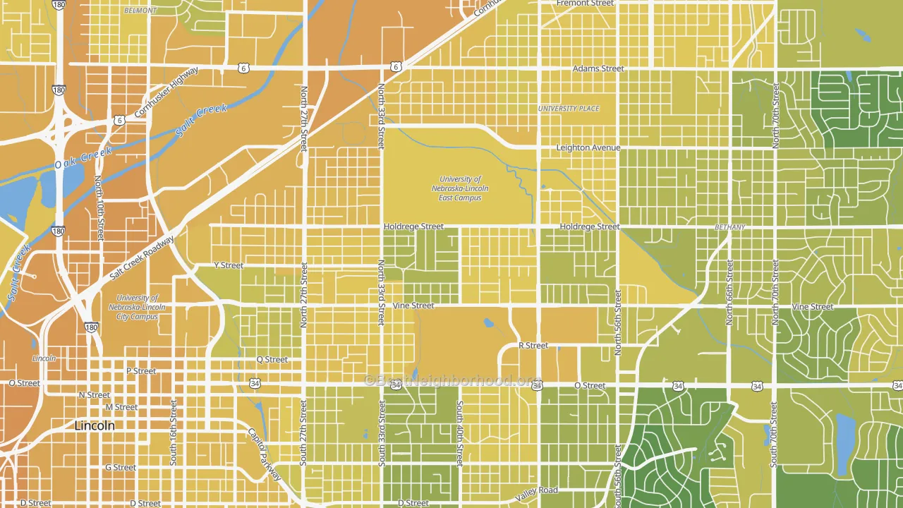 Map of the best neighborhoods in the East Campus, Lincoln area, with better matches in green and worse matches in red