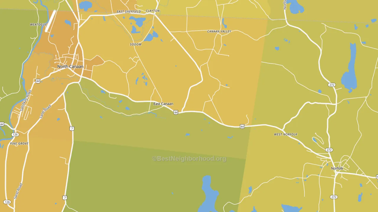 Map of the best neighborhoods in the East Canaan area, with better matches in green and worse matches in red