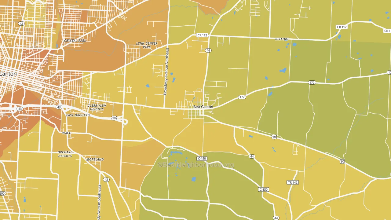 Map of the best neighborhoods in the East Canton area, with better matches in green and worse matches in red