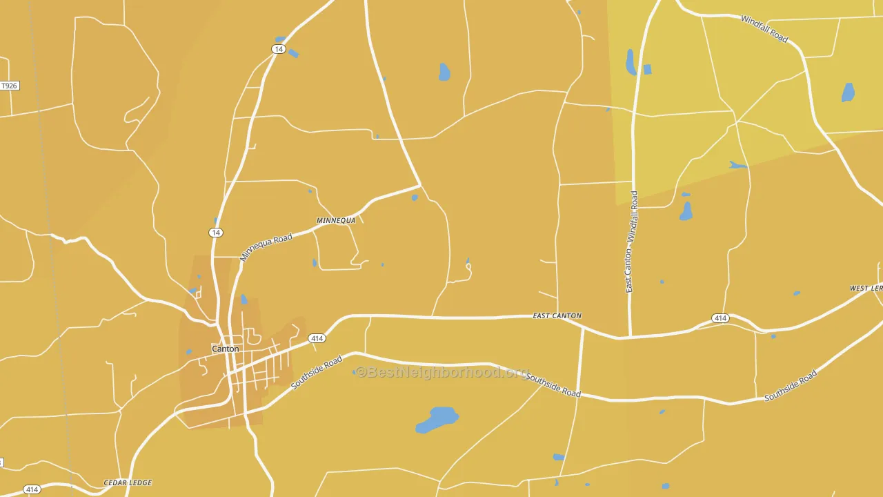 Map of the best neighborhoods in the East Canton area, with better matches in green and worse matches in red
