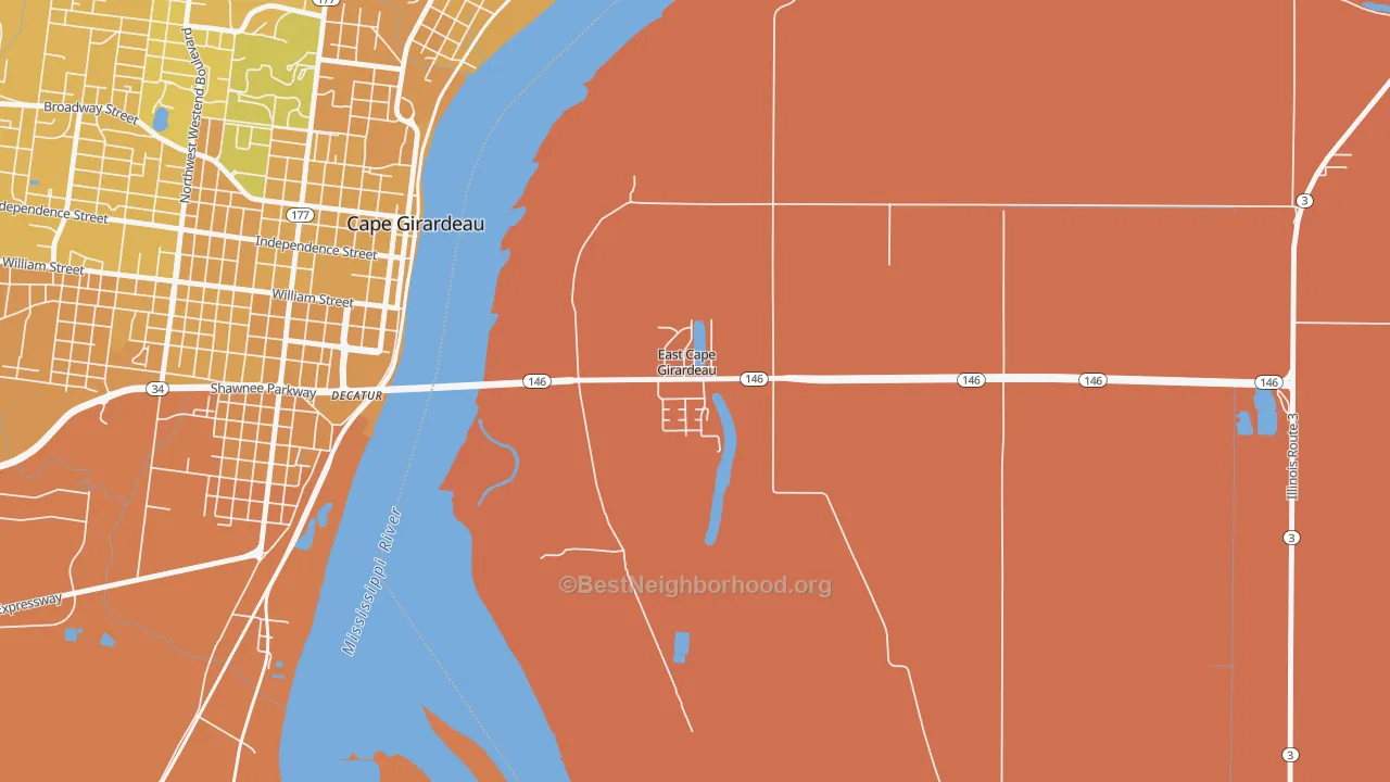 Map of the best neighborhoods in the East Cape Girardeau area, with better matches in green and worse matches in red