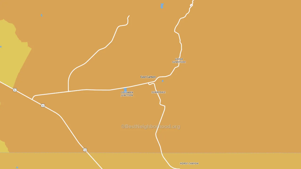 Map of the best neighborhoods in the East Carbon area, with better matches in green and worse matches in red