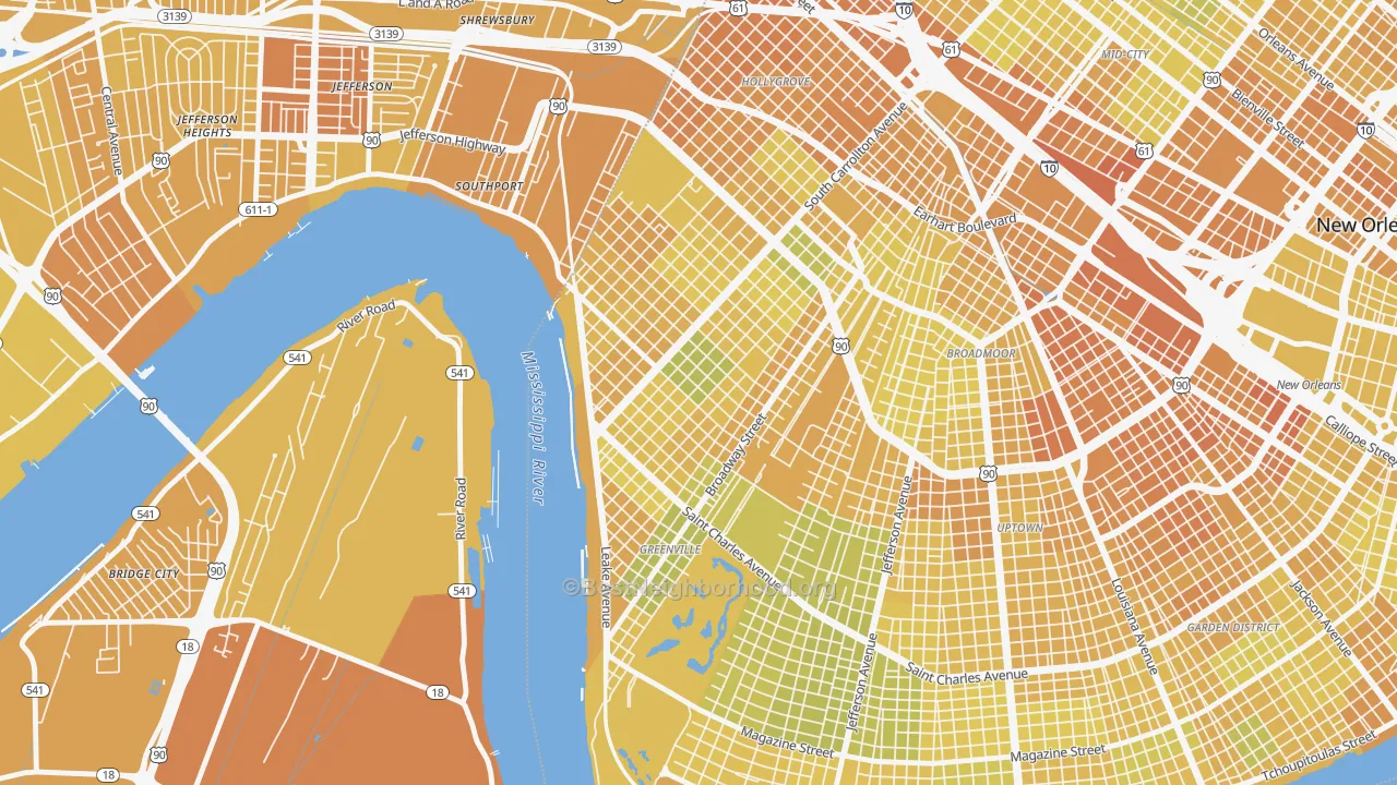 Map of the best neighborhoods in the East Carollton, New Orleans area, with better matches in green and worse matches in red