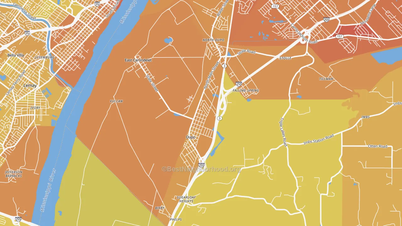 Map of the best neighborhoods in the East Carondelet area, with better matches in green and worse matches in red