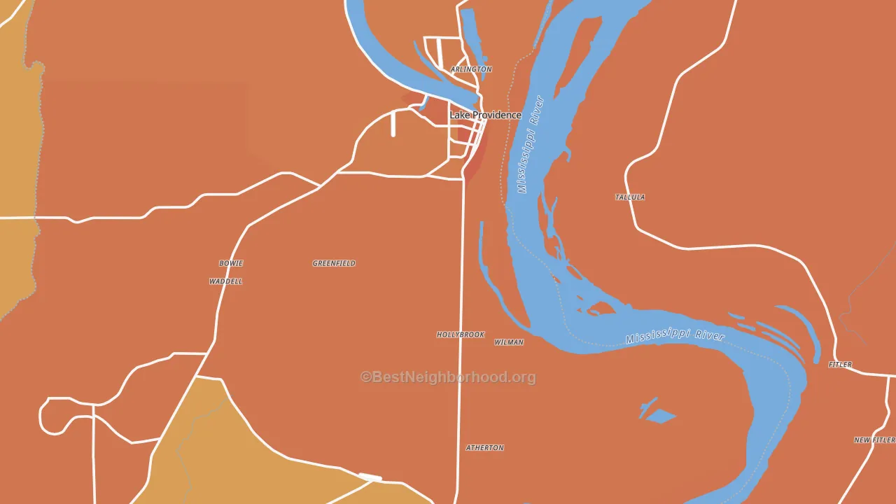 Map of the best neighborhoods in the East Carroll Parish area, with better matches in green and worse matches in red