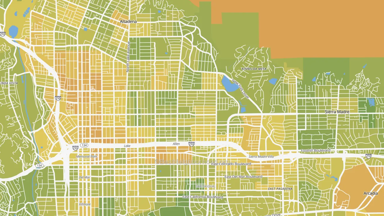 Map of the best neighborhoods in the East Central, Pasadena area, with better matches in green and worse matches in red