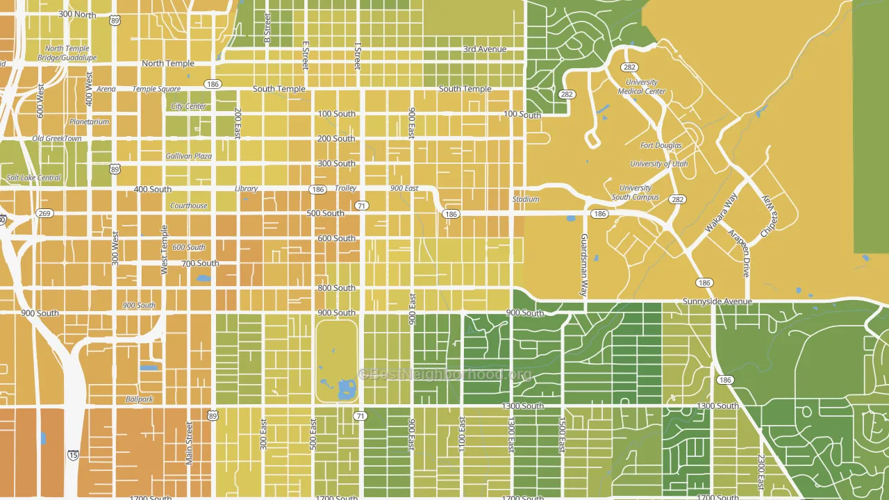 Map of the best neighborhoods in the East Central, Salt Lake City area, with better matches in green and worse matches in red
