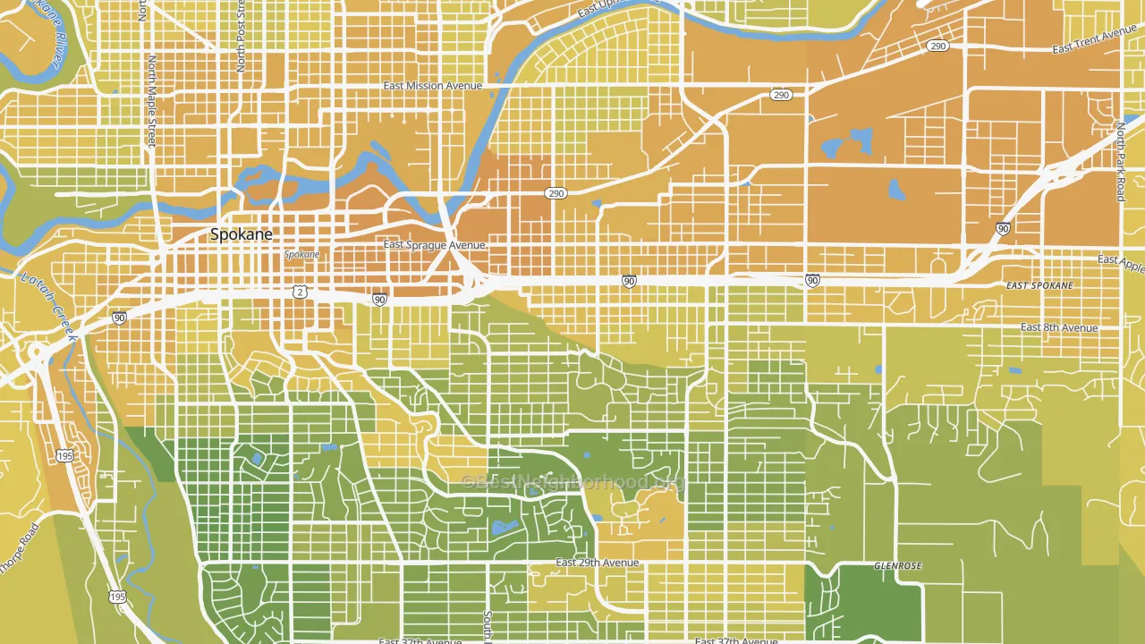 Map of the best neighborhoods in the East Central, Spokane area, with better matches in green and worse matches in red