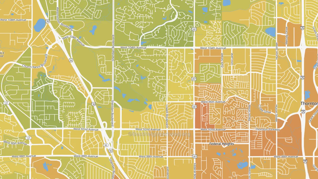 Map of the best neighborhoods in the East Central Westminster, Westminster area, with better matches in green and worse matches in red