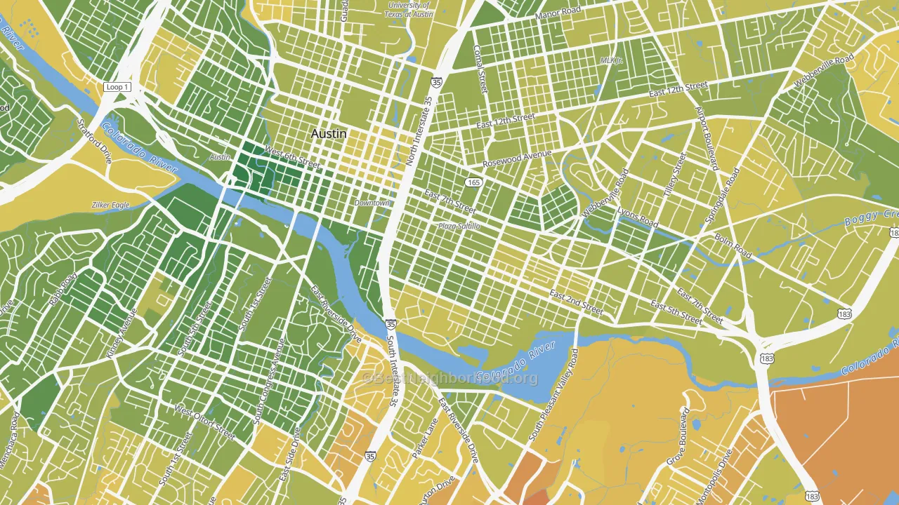 Map of the best neighborhoods in the East Cesar Chavez, Austin area, with better matches in green and worse matches in red