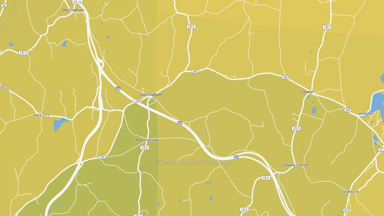 Map of the best neighborhoods in the East Chatham area, with better matches in green and worse matches in red