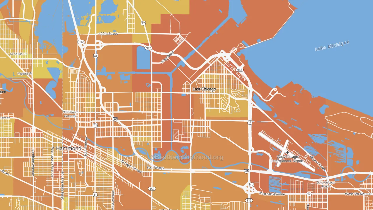 Map of the best neighborhoods in the East Chicago area, with better matches in green and worse matches in red