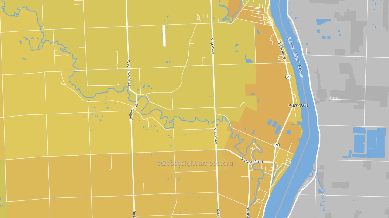 Map of the best neighborhoods in the East China area, with better matches in green and worse matches in red