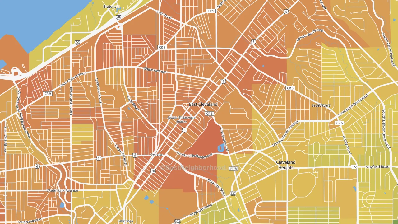 Map of the best neighborhoods in the East Cleveland area, with better matches in green and worse matches in red