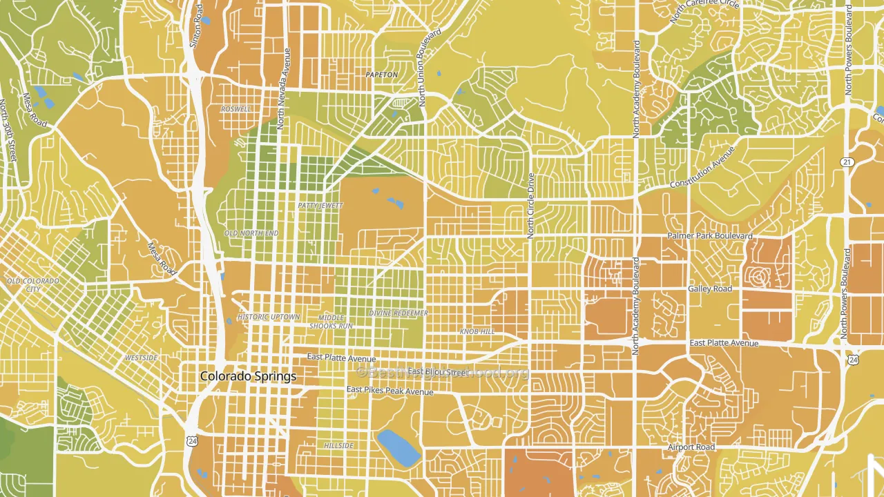 Map of the best neighborhoods in the East Colorado Springs, Colorado Springs area, with better matches in green and worse matches in red