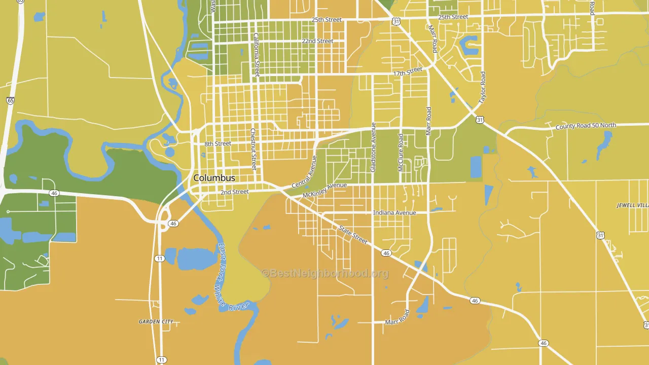 Map of the best neighborhoods in the East Columbus, Columbus area, with better matches in green and worse matches in red