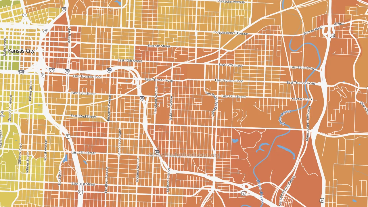 Map of the best neighborhoods in the East Community Team North, Kansas City area, with better matches in green and worse matches in red