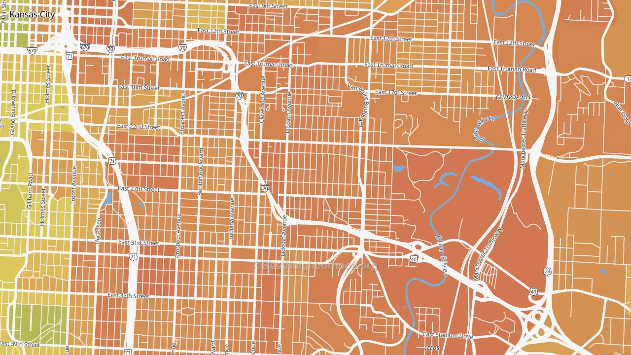 Map of the best neighborhoods in the East Community Team South, Kansas City area, with better matches in green and worse matches in red