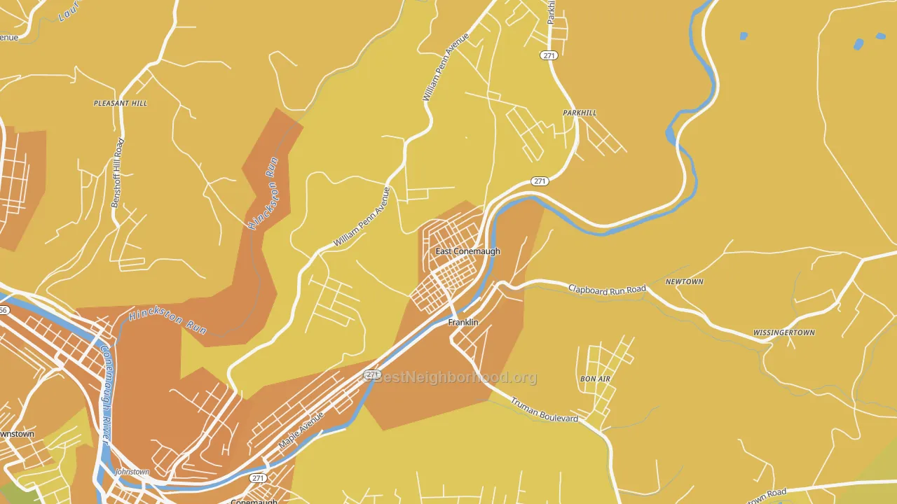 Map of the best neighborhoods in the East Conemaugh area, with better matches in green and worse matches in red