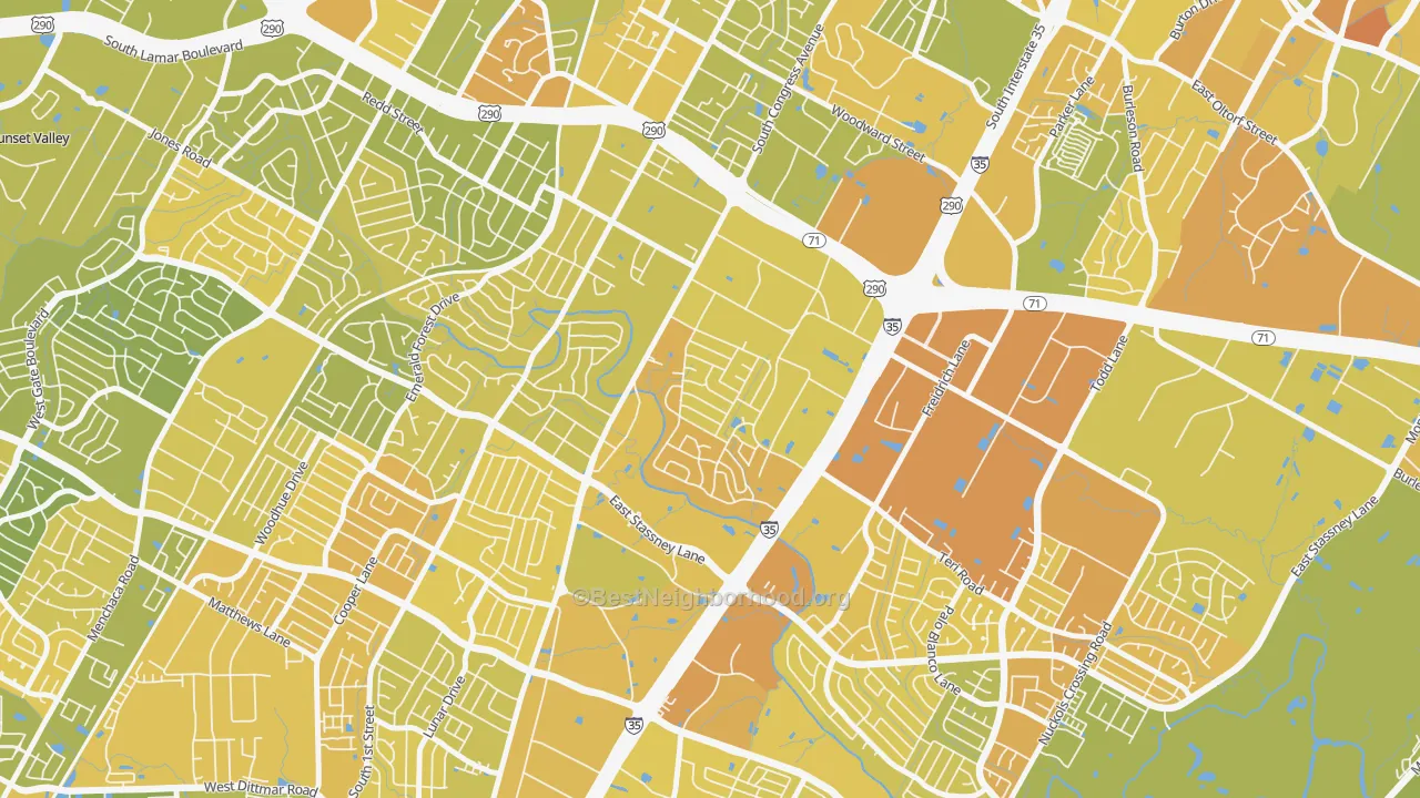 Map of the best neighborhoods in the East Congress, Austin area, with better matches in green and worse matches in red
