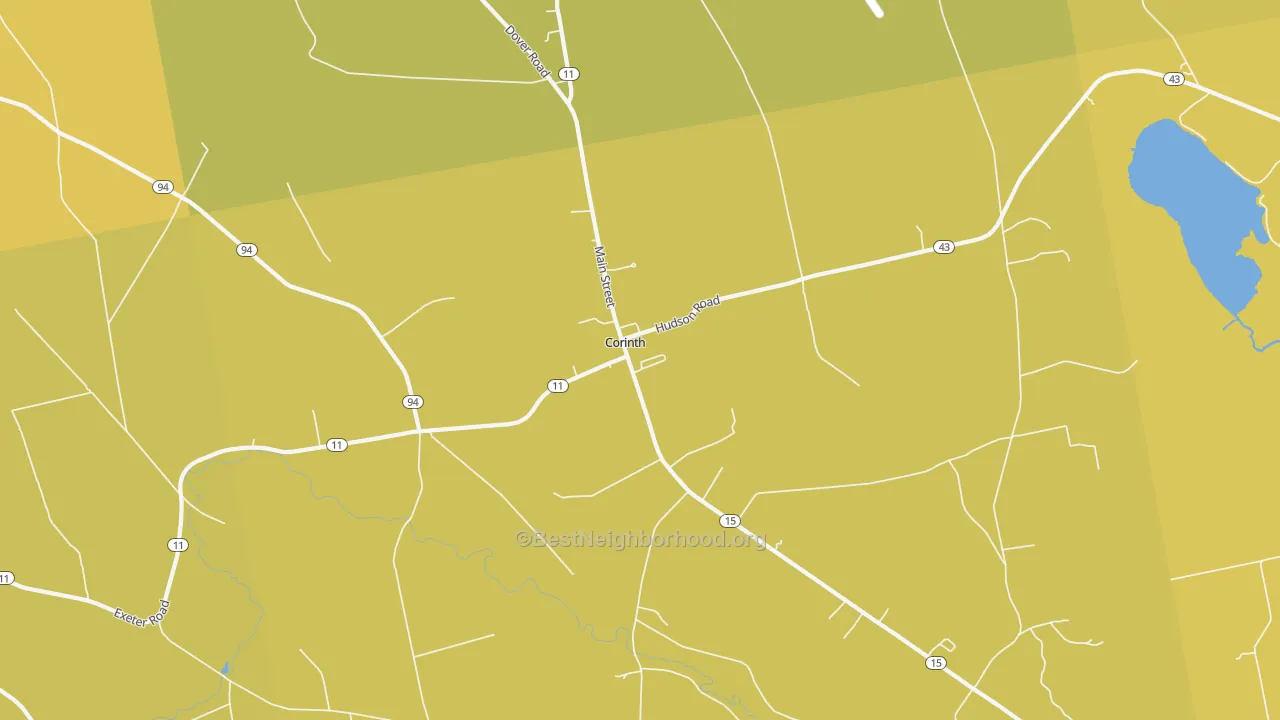 Map of the best neighborhoods in the East Corinth area, with better matches in green and worse matches in red